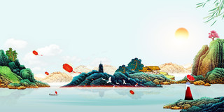 诗意风景画插画清明节缅怀先烈中国传统节日绿色背景海报